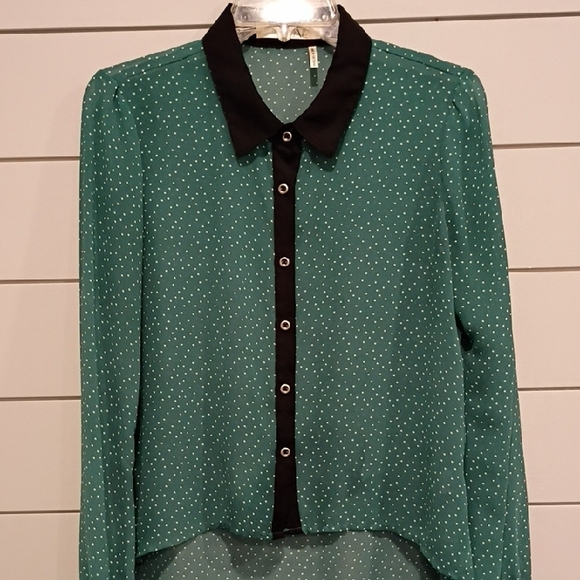 Y2K Emerald Green And Black Button Front  Sheet Blouse Size Medium - Picture 5 of 6